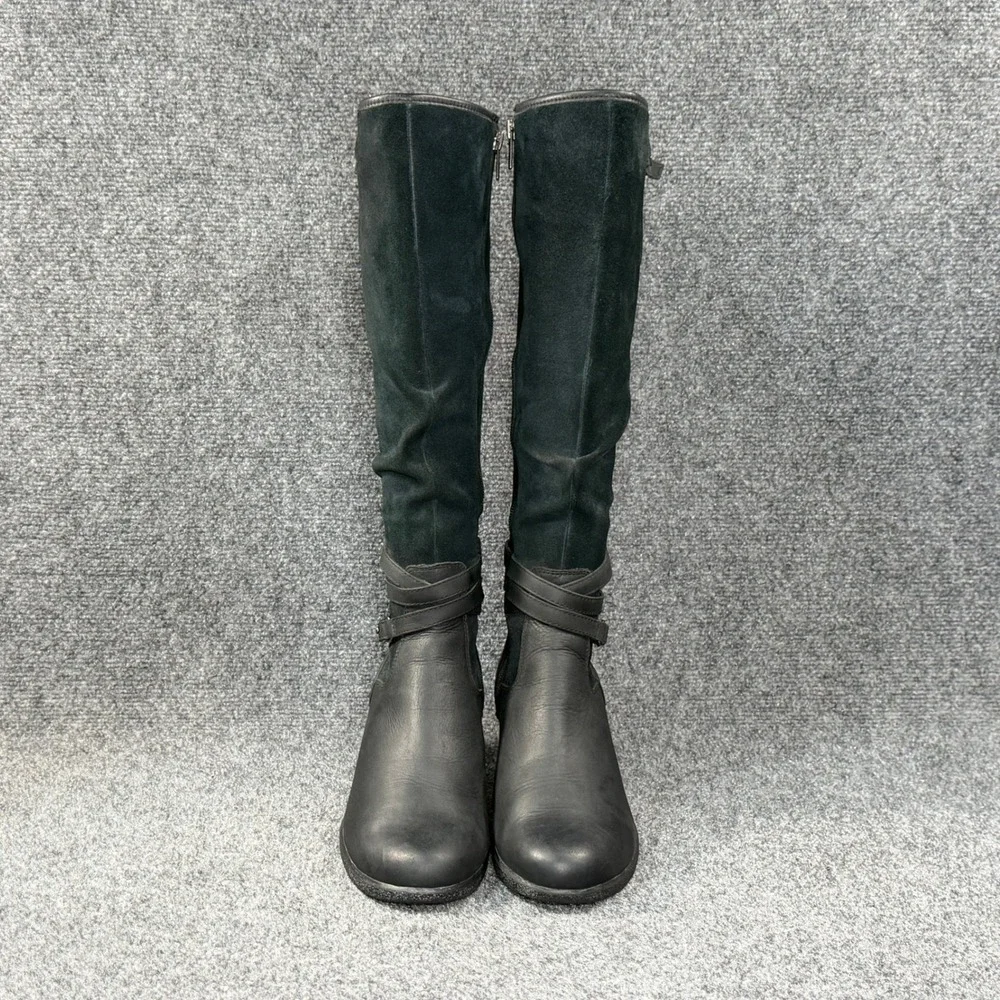 UGG Lesley Wedge Knee High Boots Women's 9 Black Suede Leather Tall Strap Buckle
